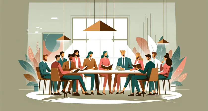 People in a meeting room with notebooks