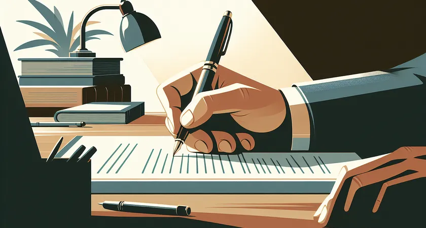 A hand holding a pen over documents