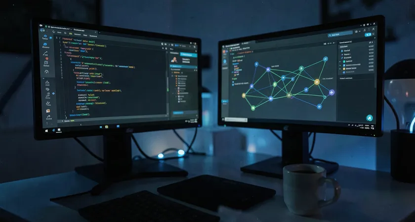 Wide-angle view of a developer's multi-monitor setup at night, showing clean code editor on one screen and a dashboard with interconnected service nodes on another, cool blue and green UI lighting, a half-empty coffee mug in the foreground