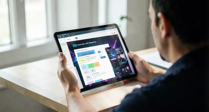 Over-the-shoulder view of a content editor using a tablet, the screen shows a modular page builder with draggable blocks on the left and a realistic mobile preview on the right, daylight from a window illuminating the desk