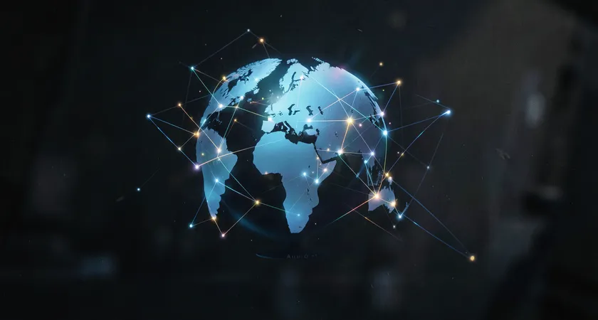 A 3D globe graphic on a dark screen, with numerous light points connected by glowing lines representing a global content delivery network, a minimalist and technical aesthetic