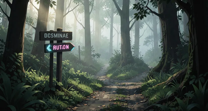 A conceptual photo of two paths in a forest, one well-trodden and signposted (the commercial platform), the other overgrown and leading into dense woods (the custom build), shot in misty morning light