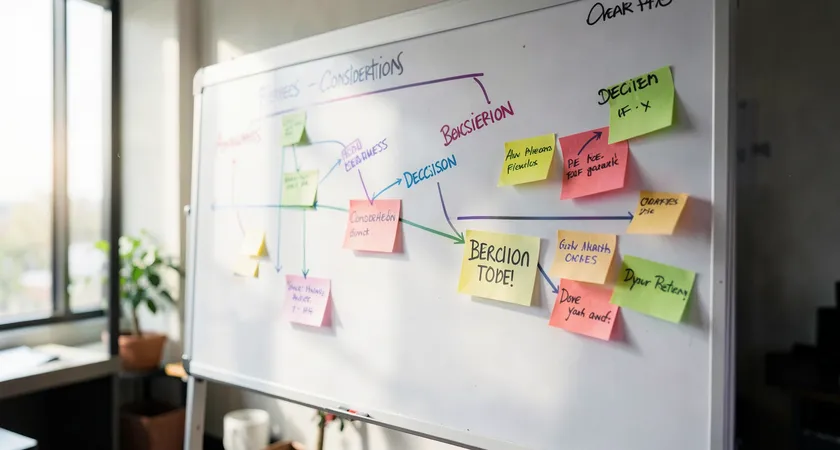Close-up of a strategic whiteboard in a modern office, showing a customer journey map drawn with colored markers, transitioning from 'Awareness' to 'Consideration' to 'Decision', with keyword sticky notes clustered at each stage, soft morning light from a window illuminating the board