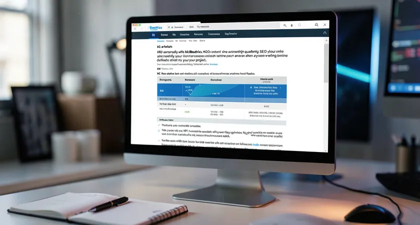 Detailed view of a high-performing blog article on a widescreen monitor, showing a clear structure with descriptive H2s, a comparison table embedded in the content, and a subtle, contextual call-to-action for a related case study, ambient office lighting with a notebook and pen in the foreground