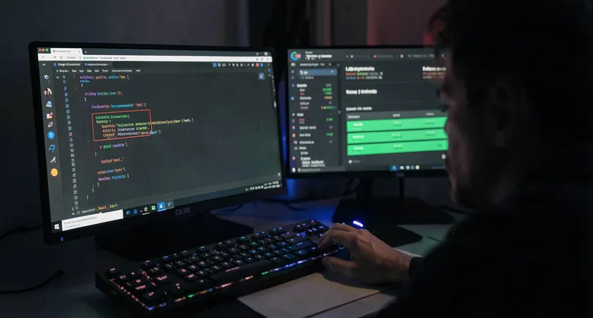 Developer's point-of-view looking at a code editor screen showing a Next.js configuration file with SSR settings highlighted, alongside a terminal window running a Lighthouse performance audit with green scores, dimmed room lighting with a mechanical keyboard in focus