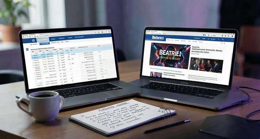A thoughtful workspace with two open laptops, one showing a detailed outreach spreadsheet for digital PR and the other displaying a respected industry publication's website, a cup of coffee and a notepad with handwritten notes on authority-building tactics sits between them