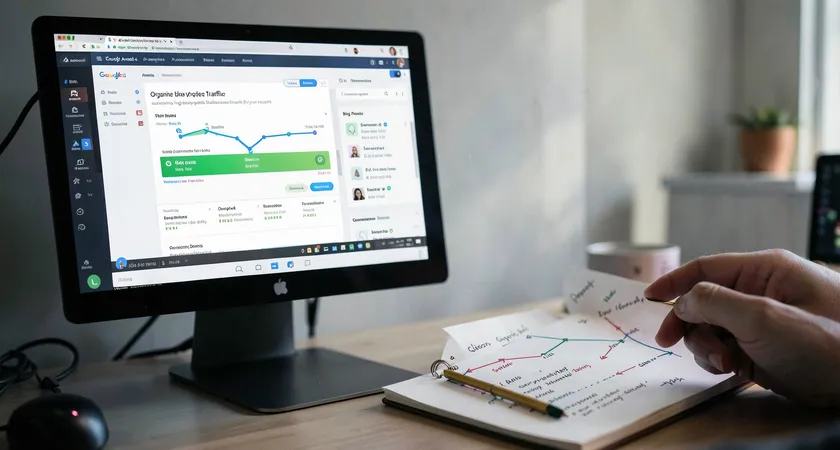 A clear data dashboard on a desktop monitor showing Google Analytics 4 attribution reports, with organic blog traffic highlighted as a primary conversion path, next to a simple hand-drawn chart on a paper notebook correlating blog posts with generated demos over a quarterly timeline