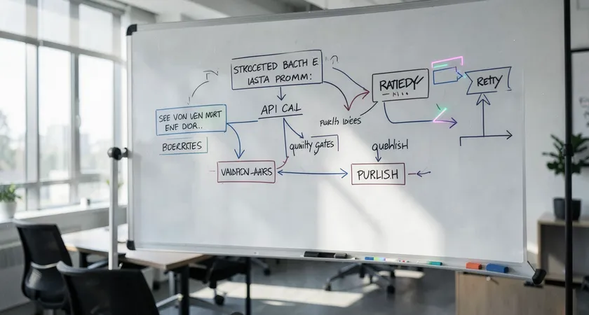 A flow diagram sketched on a whiteboard, showing the journey from a structured data prompt, through an API call, to a validation layer with "quality gates," and finally to a "publish" or "retry" decision. Daylight streams into a modern meeting room.