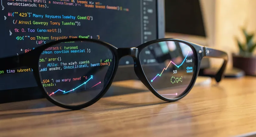 Close-up of a console log showing API error messages: "429 Too Many Requests," "504 Gateway Timeout," and a chart of increasing token usage costs. The terminal text is reflected in the lens of a pair of glasses on a wooden desk.