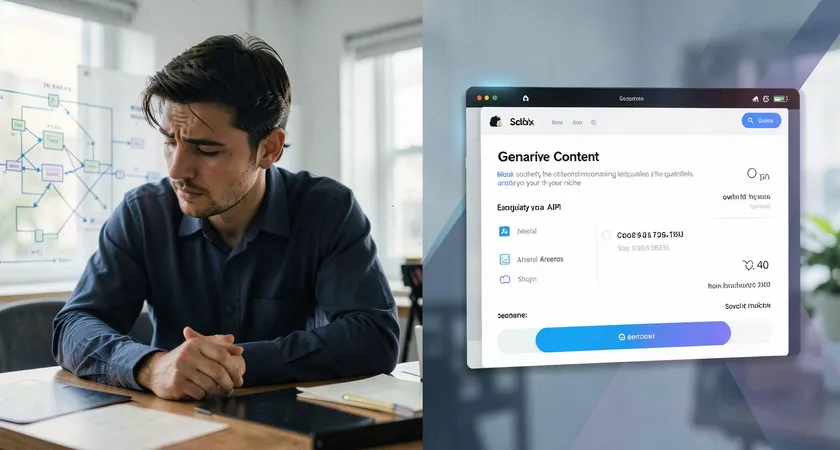 A split-screen visual metaphor. Left side shows a developer looking stressed at a complex diagram of interconnected systems. Right side shows a clean, simple dashboard with a "Generate Content" button and clear success metrics. Both screens are in a calm, well-lit office environment.