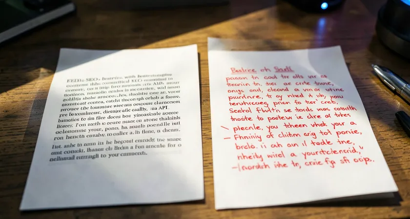 A close-up of two text documents side by side on a wooden desk, one showing a generic, perfectly formatted paragraph, the other marked with handwritten red ink adding specific technical caveats and client examples, morning light creating sharp shadows