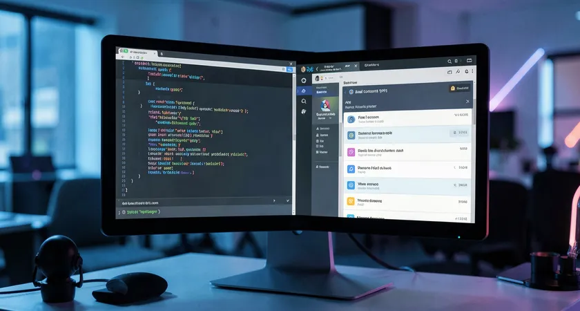 A wide shot of a developer's monitor showing a split screen, with code for a CMS API integration on the left and a dashboard displaying failed content sync alerts on the right, ambient blue light of a modern office