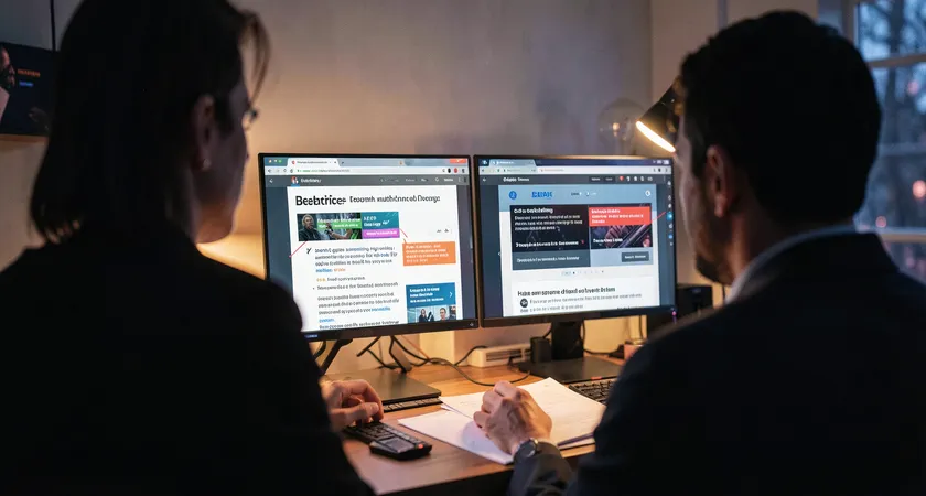 A medium shot from behind a person looking at two browser windows, one showing an AI-generated article and the other a competitor's similar piece, with highlighted text segments, warm lamp light on a cluttered desk