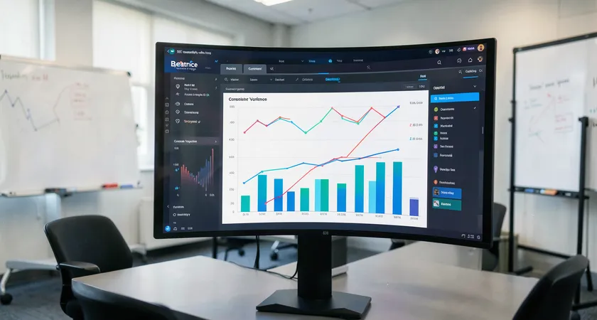 A data visualization dashboard on a large screen, showing graphs of organic traffic and conversion rates overlaying a bar chart of content volume, in a modern meeting room with whiteboards in the background