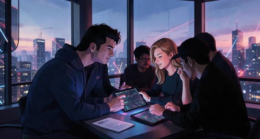 A final wide shot of a content team in a collaborative huddle, reviewing analytics on a tablet, with a window view of a cityscape at dusk, the scene symbolizing strategic human oversight of a digital process