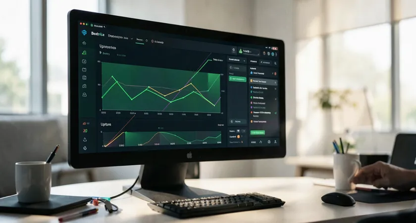 A dashboard on a large monitor displaying real-time API health metrics: green uptime charts, latency graphs with stable low p95 lines, and alert logs showing no active incidents. The office environment is calm, with soft natural light from a window.