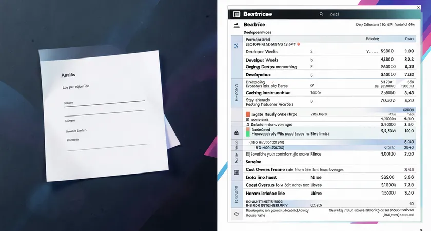 A split-screen view: on the left, a simple invoice showing only a low per-article fee. On the right, a detailed spreadsheet with line items for developer weeks, ongoing DevOps monitoring, caching infrastructure, and cost overruns from rate limit overages, totaling a much larger sum.