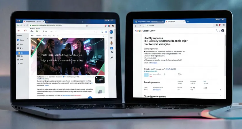 A side-by-side comparison on a laptop: the left browser shows a live article with perfect semantic HTML and rich meta tags in the inspector. The right shows a Google Search Console report with healthy impressions and click-through rates for that piece of content.