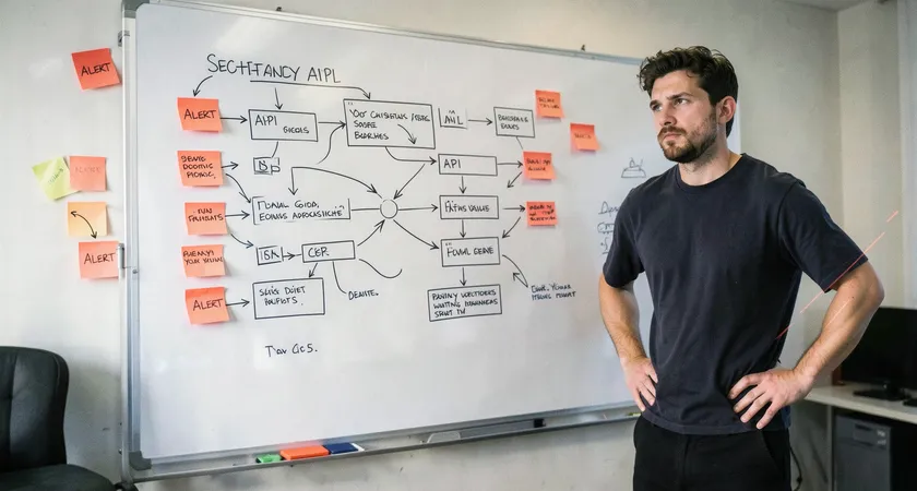 A whiteboard covered in a complex diagram of boxes and arrows representing a multi-API content workflow, with red "Alert" sticky notes and a tired-looking developer standing back, hands on hips, contemplating the system's complexity.