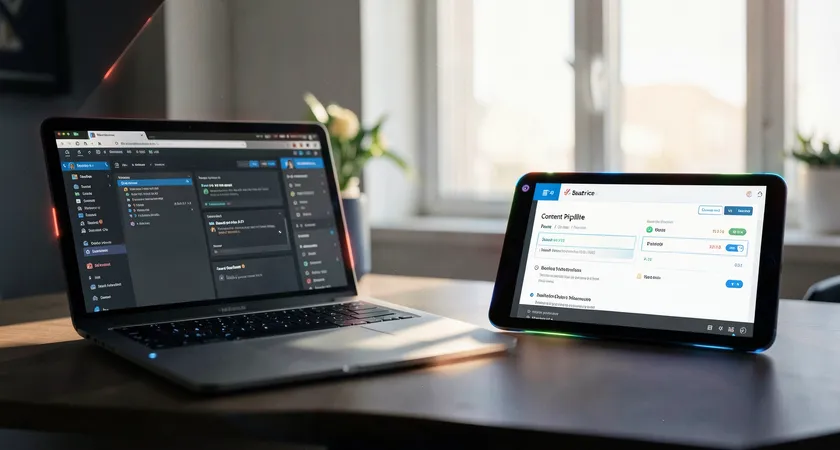 A content manager's desk with two distinct workspaces: left side shows an open laptop displaying a complex CMS backend with multiple open tabs; right side shows a tablet with a clean, streamlined dashboard showing "Content Pipeline" statuses, bathed in morning light from a window