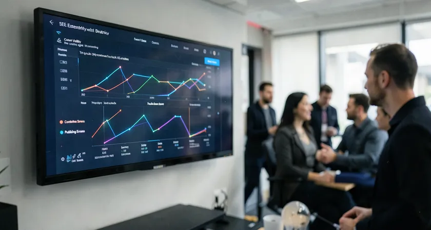 A large wall-mounted monitor displaying a data visualization dashboard with graphs tracking "Content Velocity," "Team Hours Saved," and "Publishing Errors," with a blurred team discussing in the foreground, ambient office lighting