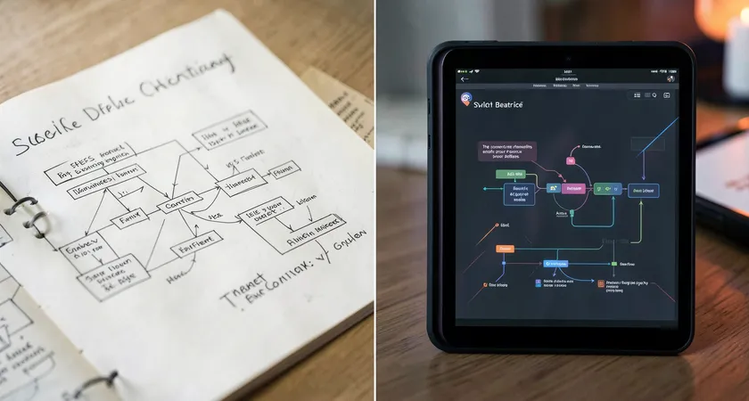 Split-screen visual concept: left side shows a detailed, hand-drawn content workflow diagram on a paper notebook; right side shows a sleek digital flowchart on a tablet screen, emphasizing the contrast between tactile planning and digital execution