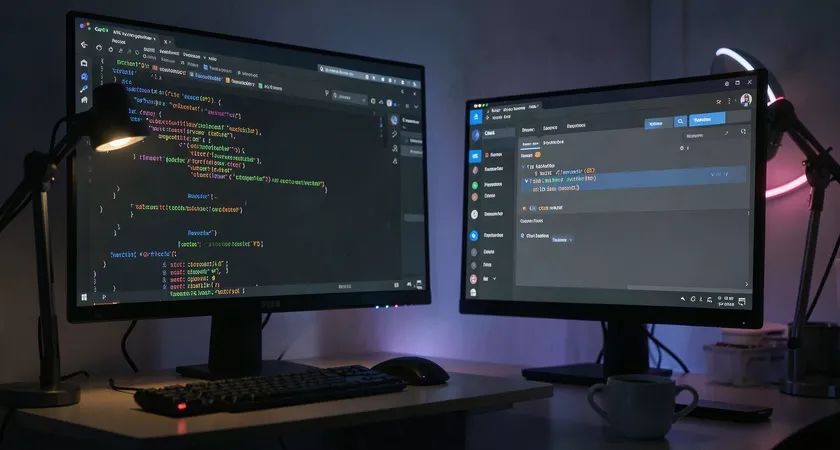 A developer's screen showing a complex API integration code editor on one monitor and a CMS admin panel with an error alert on another, late-night desk lamp ambiance, coffee cup in foreground