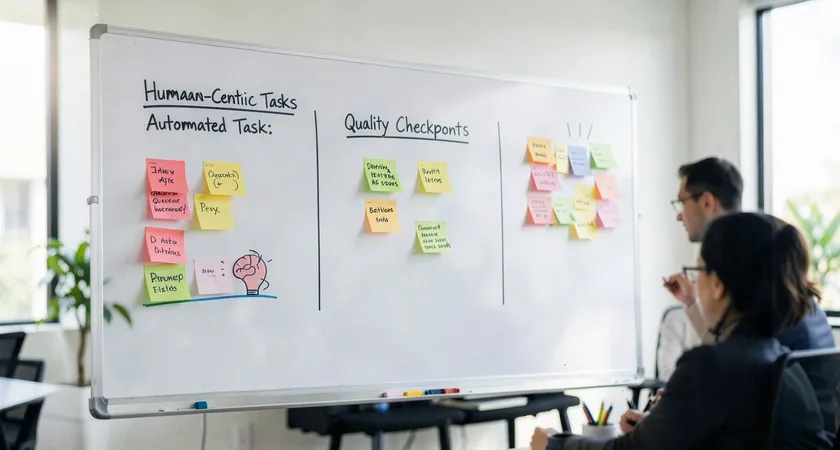A whiteboard with three clear columns drawn: "Human-Centric Tasks," "Automated Tasks," and "Quality Checkpoints," with sticky notes clustered in each, representing a team planning session in a bright meeting room