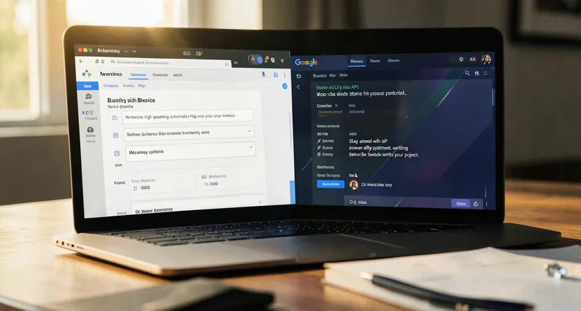 Close-up view of a split-screen laptop display showing a content platform interface on the left with title tag fields and a Google SERP simulation on the right, warm natural light from a nearby window highlighting the contrast, workspace with a notebook and pen in the foreground