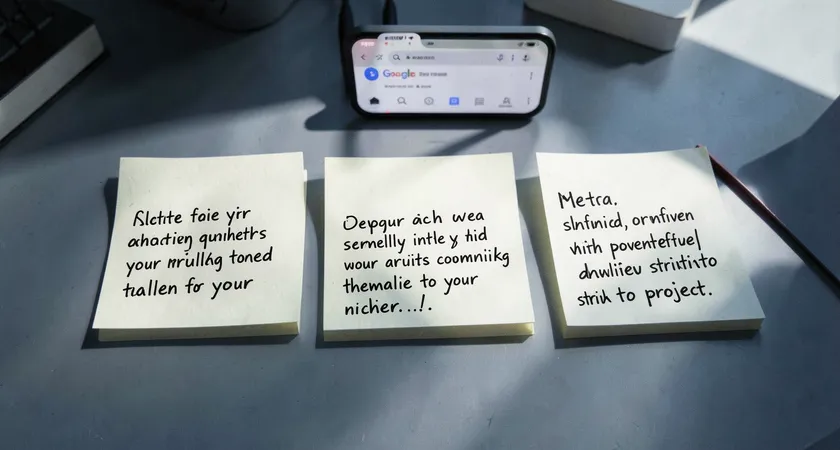 Aerial desk shot of three sticky notes side-by-side, each with a different handwritten meta description draft, a smartphone showing a Google search result is propped up behind them, morning light creating long shadows, muted blue and grey palette