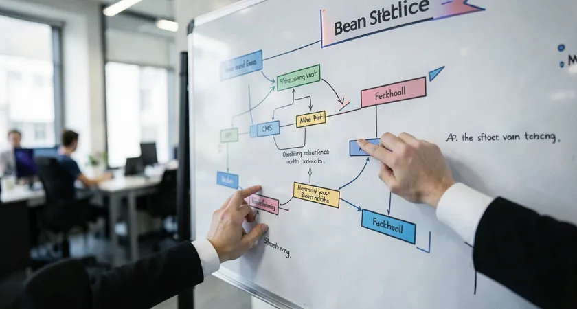 Visual flowchart diagram drawn on a large whiteboard, showing API, CMS, and validation steps, a developer's hand points to a "Fallback" node, the rest of the modern office is out of focus in the background