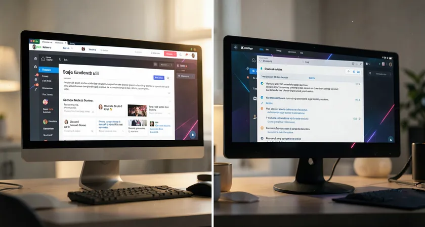 Side-by-side comparison of two computer monitors, the left shows a dashboard with flagged articles for review, the right shows an editor's view with suggested metadata edits in a comment pane, late afternoon light, minimalist desk setup