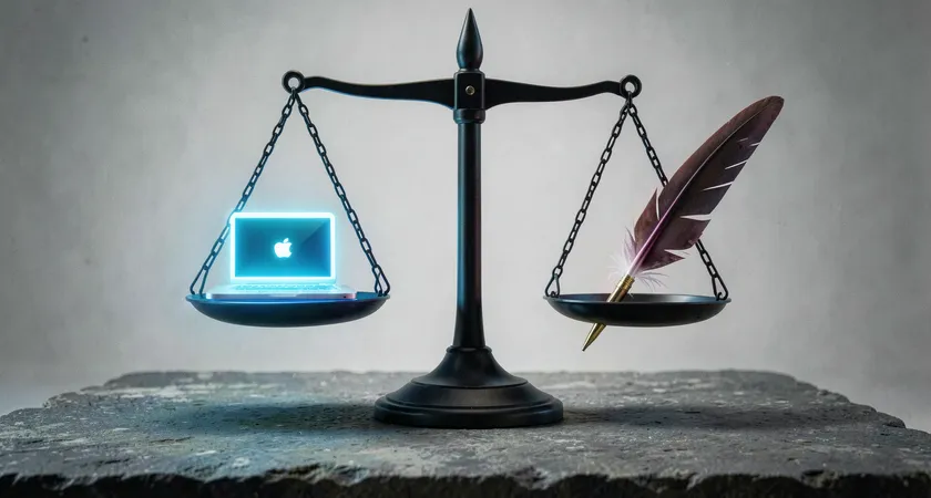 A metaphorical photo of a balanced scale, one side holds a glowing laptop icon, the other side holds a traditional quill pen, shot on a textured stone surface in soft, even studio lighting