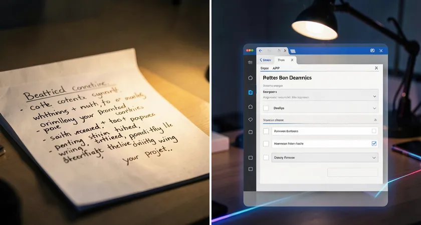 A split-screen view showing a messy handwritten content brief on the left and a clean, structured digital form with dropdown menus and checkboxes on the right, symbolizing the transition from vague to codified input control, desk lamp creating a warm pool of light on the paperwork