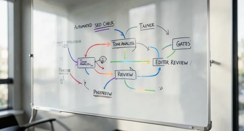 A workflow diagram sketched on a glass whiteboard, showing content flowing through different approval 'gates' labeled 'Automated SEO Check', 'Tone Analysis', and 'Editor Review', with colored arrows, natural light from a window illuminating the diagram