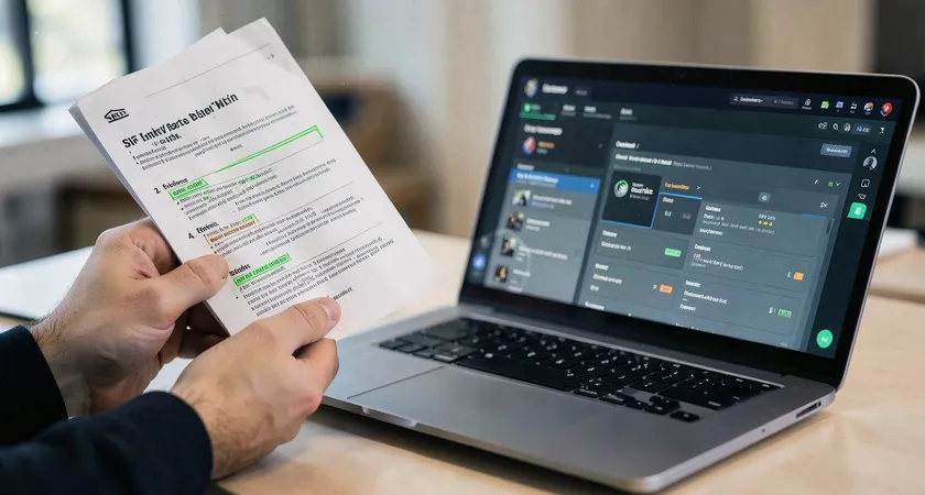 Close-up of two hands, one holding a printed style guide document with highlighted sections, the other pointing to a corresponding setting on a laptop screen displaying a content platform's configuration panel, visually connecting policy to system setup