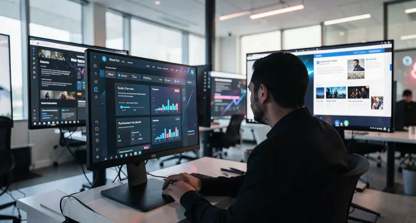 A wide shot of a modern office common area, a person looking thoughtfully at a large monitor displaying a dashboard with multiple content performance metrics, other screens in the background show different language versions of a website, conveying the complexity of multi-market scaling