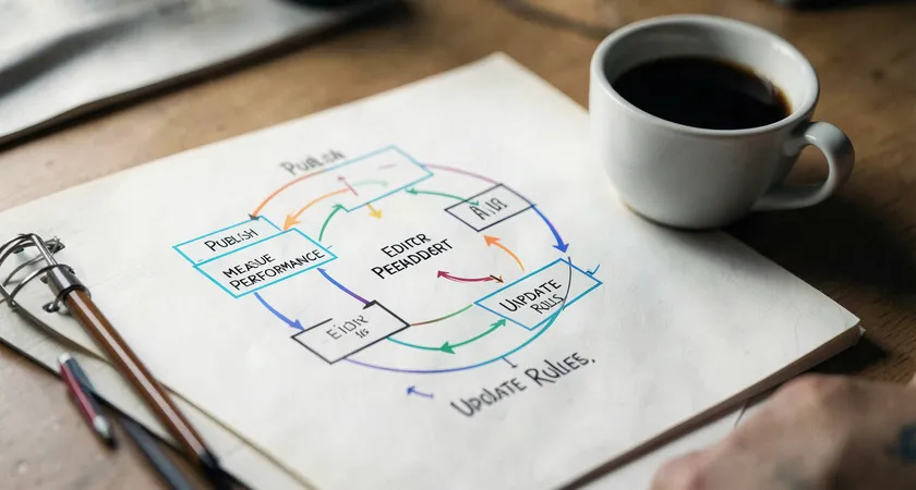 A circular diagram drawn in a notebook, arrows connecting boxes labeled 'Publish', 'Measure Performance', 'Editor Feedback', and 'Update Rules', with a coffee cup sitting on the page, representing an iterative, human-in-the-loop improvement cycle