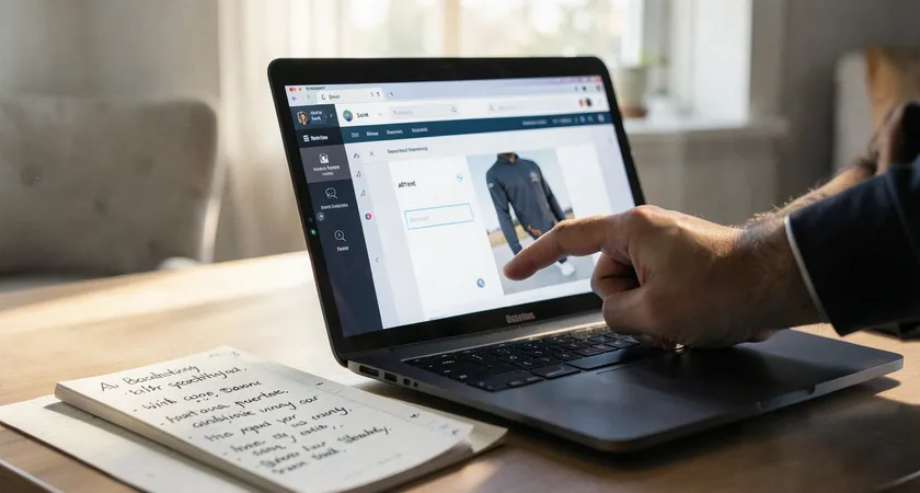 A close-up of a designer's hand pointing at a laptop screen displaying a website CMS, highlighting an empty alt text field next to an uploaded product photo, morning light from a window illuminating a notepad with handwritten accessibility guidelines
