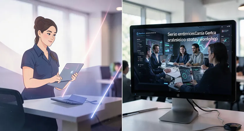 A split-screen visualization showing on the left a raw AI output label 'woman holding laptop' and on the right a refined alt text 'Senior engineer Maria Garcia presents data analytics on her laptop to her team during a strategy workshop', shown on a large desktop monitor in a modern office setting