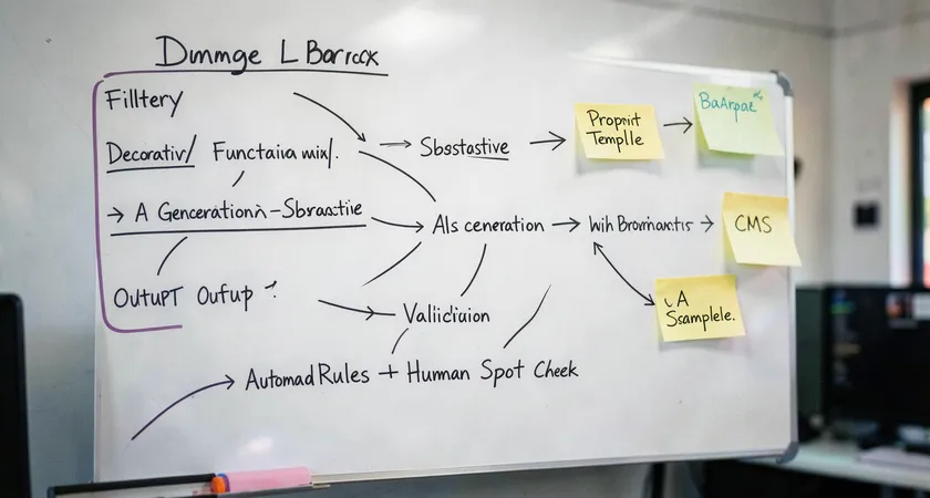 A flow diagram sketched on a whiteboard showing the three-stage workflow: Image Library -> Filter (Decorative/Functional/Substantive) -> AI Generation with Prompt -> Output -> Validation (Automated Rules + Human Spot Check) -> CMS, with sticky notes highlighting 'Prompt Template' and 'QA Sample'