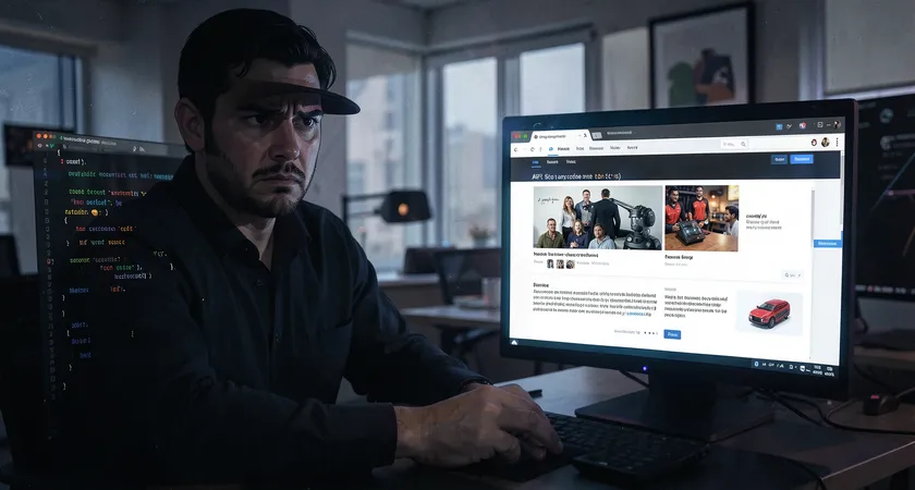 A developer looking frustrated at a code editor showing an API error log next to a browser with a website where image alt texts are nonsensical, like 'a group of people' for a team photo and 'possibly a machine' for a product close-up, dim office lighting