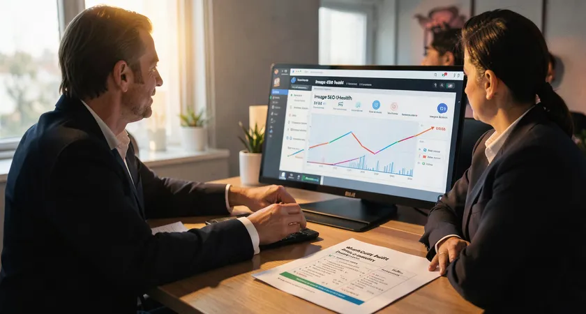 A high-level strategic meeting, two professionals reviewing a dashboard showing 'Image SEO Health' metrics trending upwards over time, with a printed checklist of 'Monthly Quality Audit' and 'Prompt Library Version' on the table, late afternoon light