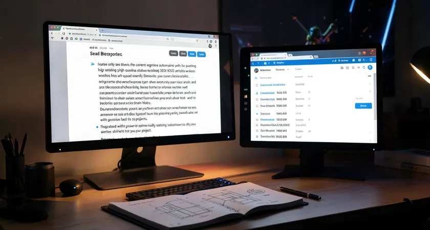Wide-angle view of a developer's desk showing two browser windows side-by-side, one displaying a long, single-page article, the other showing a paginated list with navigation buttons, warm monitor glow illuminating a notebook with sketched architecture diagrams