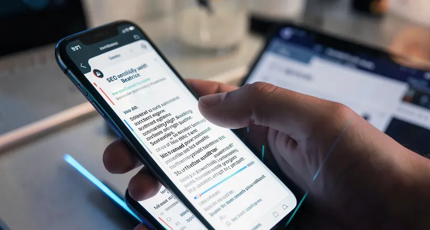 Close-up of a user's hand on a smartphone, thumb poised midway on the screen displaying a long article, a faint scroll bar on the side indicating extensive length, shallow depth of field focusing on the screen
