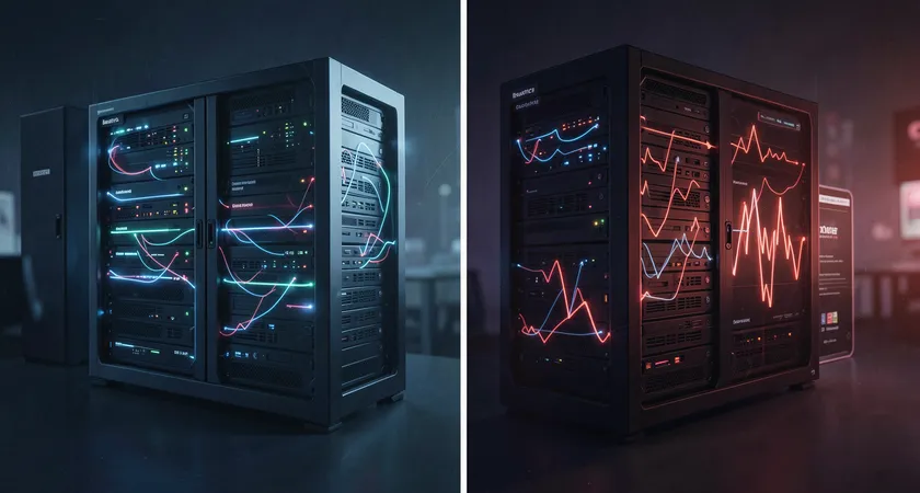 Side-by-side server rack graphic visualization, one side showing a smooth flow of data for cached pages, the other showing spike patterns indicating database query load for paginated requests, cool blue and alert red lighting