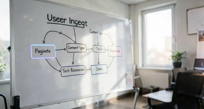 A flow chart drawn on a whiteboard in a meeting room, starting with 'User Intent', branching to 'Content Type' and 'Tech Resources', leading to decision boxes for 'Paginate' and 'Static', daylight from a window illuminating the diagram
