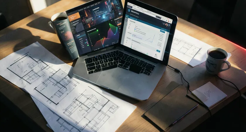 Final overhead shot of a project planning desk with architecture diagrams laid out, a laptop showing analytics dashboards, and a coffee cup, late afternoon light casting long shadows, conveying strategic decision-making