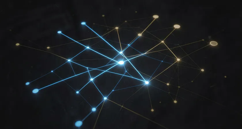 Overhead diagrammatic view of a website as a glowing node network, internal links shown as bright blue connecting lines, external links as fainter gold lines reaching out to distant nodes, dark background with a focused analytical mood