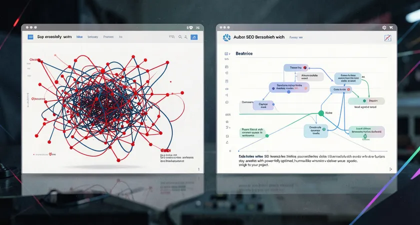 Side-by-side visualization of two website graphs, one messy and tangled with red error nodes, the other clean and organized with clear topical clusters, symbolizing the difference between automated chaos and strategic structure